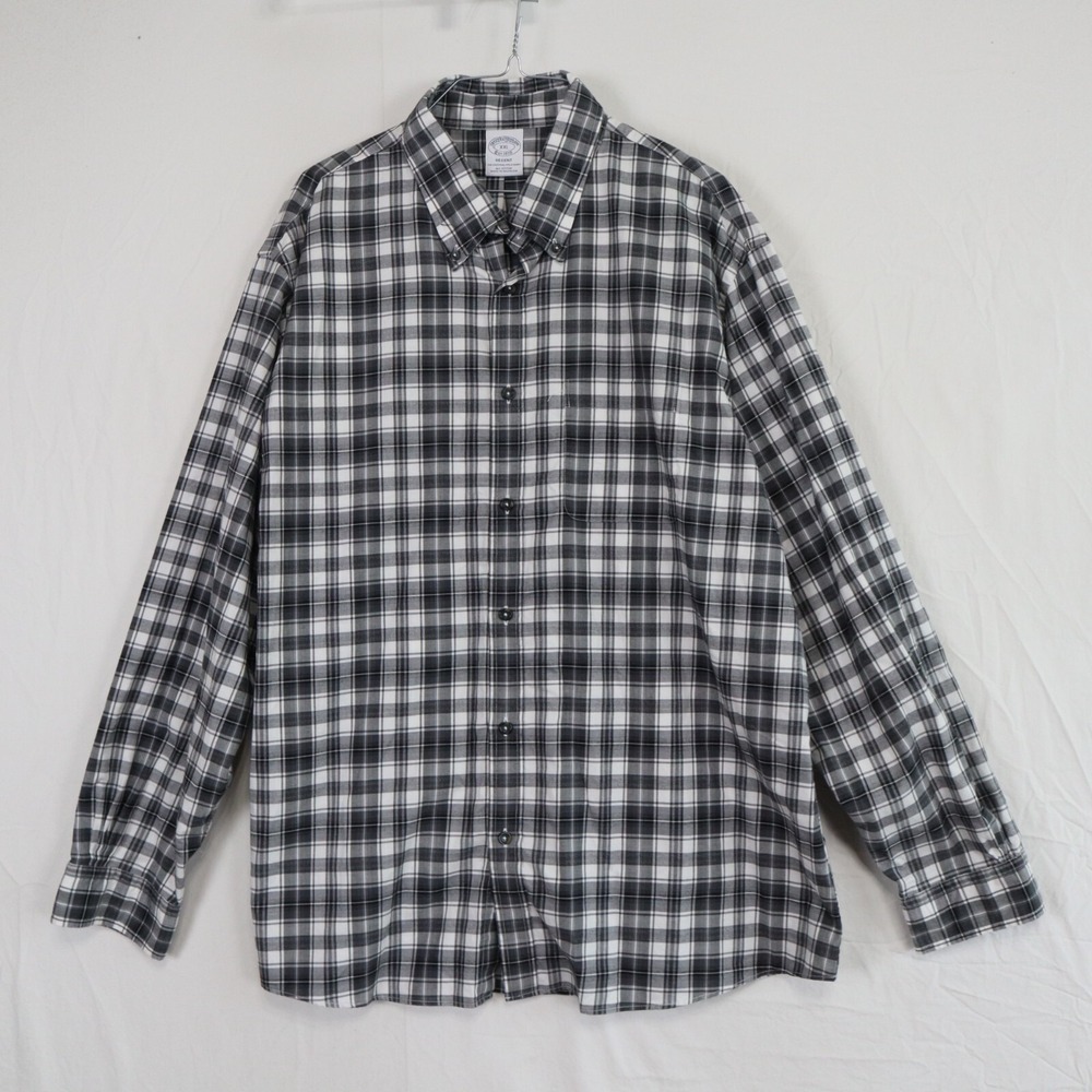 Brooks Brothers Shirt Mens 2XL XXL Regent Button Down Black Plaid Long Sleeve